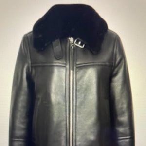 Reiss Mila Genuine Black Leather and Shearling Aviator Jacket size petite large